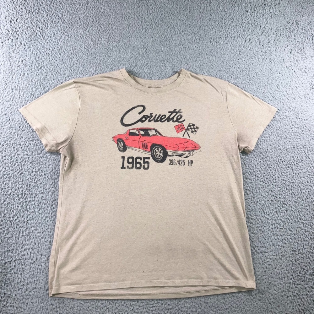 GM Corvette Graphic Tee Men XL Tan 1965 Stingray Racing S/S Retro Grunge T Shirt